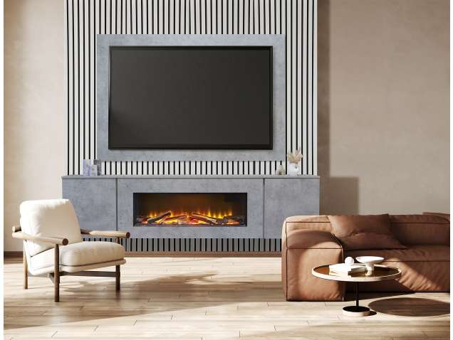 Acantha Orion XO Electric Floating Media Wall Suite in Concrete Effect with TV Board & White Oak Wall Panels